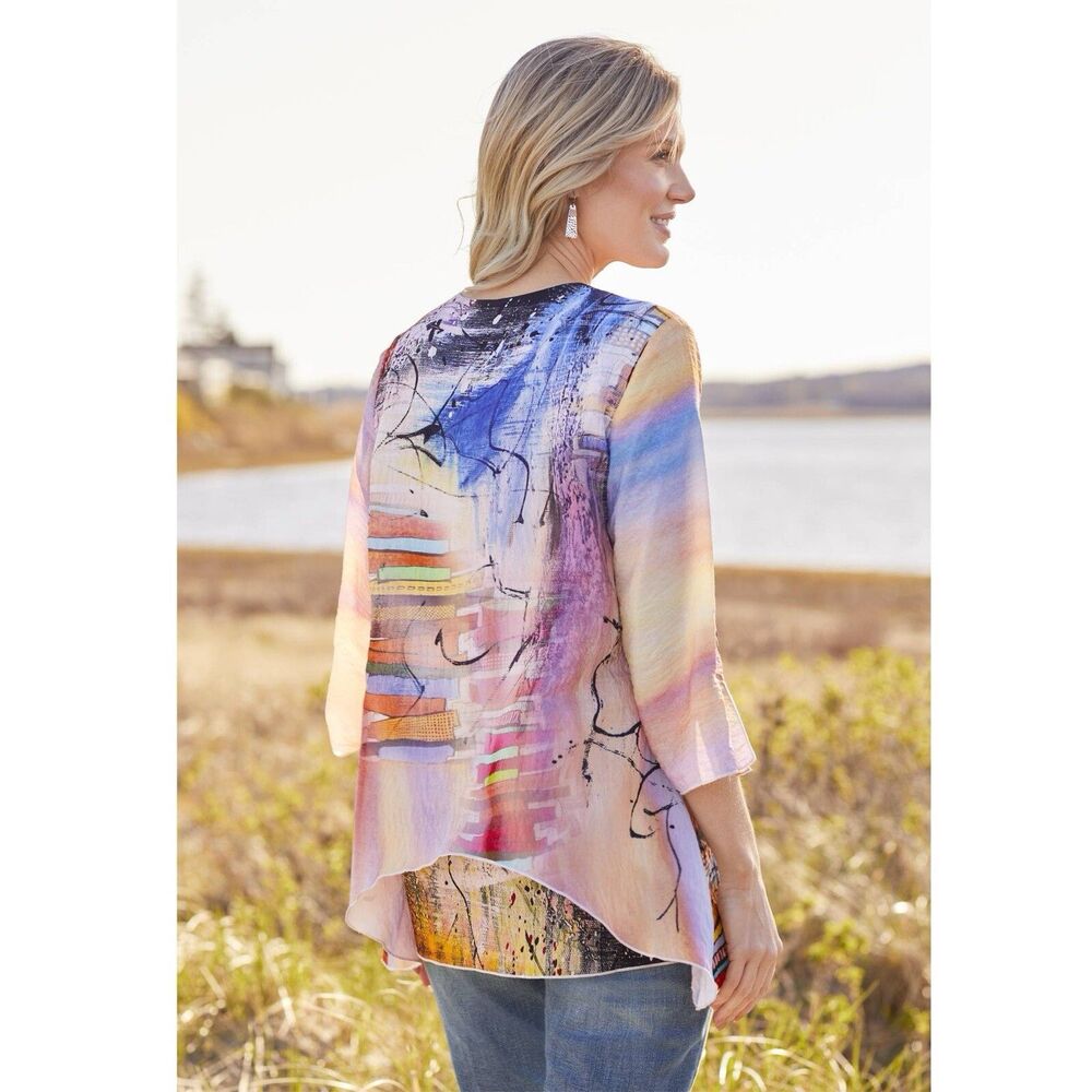 North Style Women’s Tiered Abstract Woven Top 2X Layered Funky Artsy Art To Wear - Picture 2 of 11